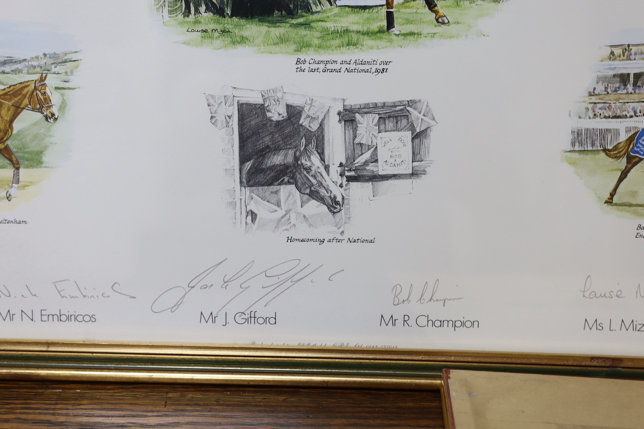 Framed and autographed montage, autographed by Champion and Josh Gifford and another, related